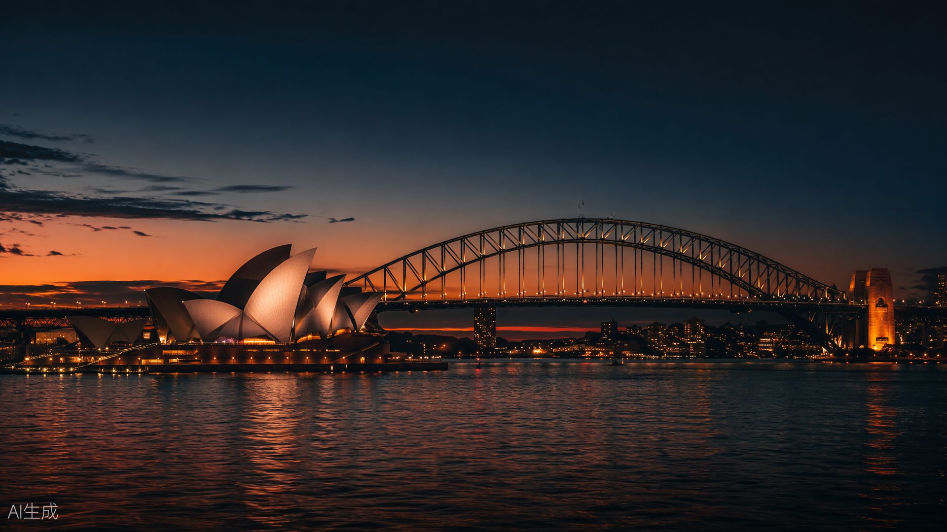 Golden dusk over an Australian harbour, families walking the foreshore